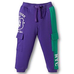 Babyhug French Terry Knit Full Length Lounge Pant With Text Patch - Purple