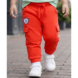Babyhug French Terry Knit Full Length Lounge Pant with Pockets & Badge - Orange