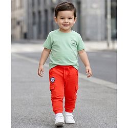 Babyhug French Terry Knit Full Length Lounge Pant with Pockets & Badge - Orange
