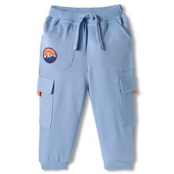 Babyhug French Terry Knit Full Length Lounge Pant With Text Patch - Light Blue