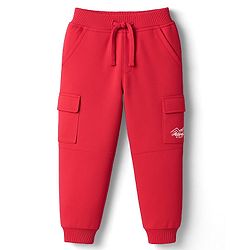 Babyhug French Terry Knit Full Length Lounge Pant with Adventure Text Print & Pockets - Red