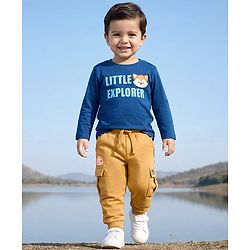 Babyhug French Terry Knit Full Length Lounge Pant With Badge Detailing & Cargo Pockets - Cream