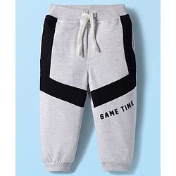 Babyhug French Terry Knit Full Length Lounge Pant with Game Time Text Print - Grey
