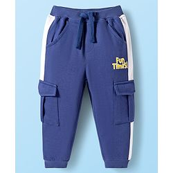 Babyhug French Terry Knit Full Length Track Pants with Pockets & Fun Times Text Print - Navy Blue