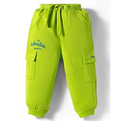 Babyhug French Terry Knit Full Length Track Pants with Pockets & Adventure Awaits Text Print - Limegreen