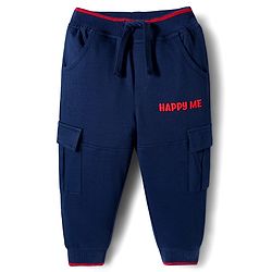 Babyhug French Terry Knit Full Length Lounge Pant With Text Embroidery - Navy Blue