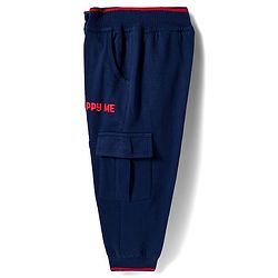 Babyhug French Terry Knit Full Length Lounge Pant With Text Embroidery - Navy Blue