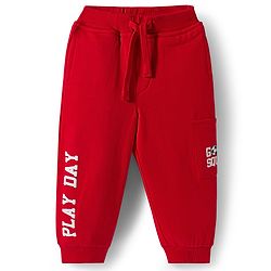 Babyhug French Terry Knit Full Length Lounge Pant with Play Day Text Print - Red