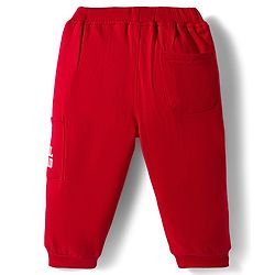 Babyhug French Terry Knit Full Length Lounge Pant with Play Day Text Print - Red