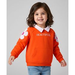 Babyhug 100% Cotton Knit Raglan Full Sleeves Sweatshirt With Floral Embroidery & Text Print - Orange