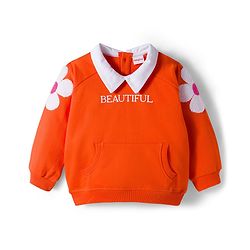 Babyhug 100% Cotton Knit Raglan Full Sleeves Sweatshirt With Floral Embroidery & Text Print - Orange