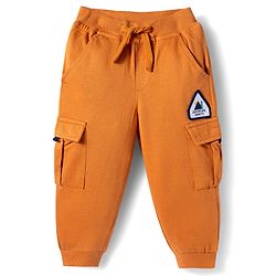 Babyhug French Terry Knit Full Length Lounge Pant With Text Patch - Brown