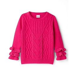 Babyhug Knit Full Sleeves Pullover Sweater with Cable Knit Design & Frill Detailing - Dark Pink