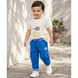 Babyhug French Terry Knit Full Length Lounge Pant With Text Badge - Blue