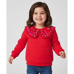 Babyhug 100% Cotton Knit Full Sleeves Sweatshirt with Peter Pan Collar Floral Embroidery & Kangaroo Pocket - Red