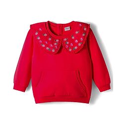 Babyhug 100% Cotton Knit Full Sleeves Sweatshirt with Peter Pan Collar Floral Embroidery & Kangaroo Pocket - Red