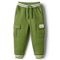 Babyhug French Terry Knit Full Length Lounge Pant with Pockets & Adventure Text Print - Green