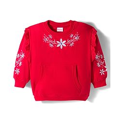 Babyhug Cotton Knit Full Sleeves Sweatshirt With Floral Embroidery & Kangaroo Pockets - Red