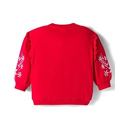 Babyhug Cotton Knit Full Sleeves Sweatshirt With Floral Embroidery & Kangaroo Pockets - Red
