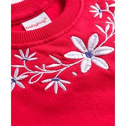 Babyhug Cotton Knit Full Sleeves Sweatshirt With Floral Embroidery & Kangaroo Pockets - Red