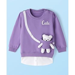 Babyhug Cotton Knit Full Sleeves Overlapped Sweatshirt With Teddy Bear Applique - Purple