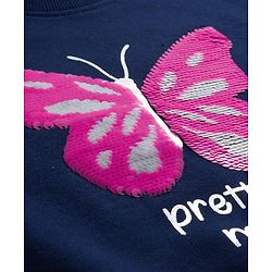 Babyhug Cotton Knit Full Sleeves Sweatshirt with Foil Print & Butterfly Reversible Sequin Detailing - Navy Blue