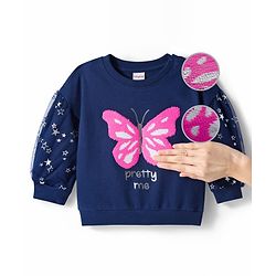 Babyhug Cotton Knit Full Sleeves Sweatshirt with Foil Print & Butterfly Reversible Sequin Detailing - Navy Blue