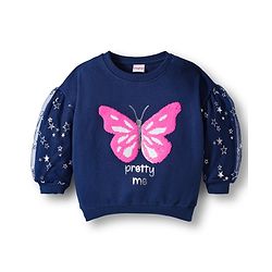 Babyhug Cotton Knit Full Sleeves Sweatshirt with Foil Print & Butterfly Reversible Sequin Detailing - Navy Blue