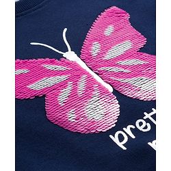 Babyhug Cotton Knit Full Sleeves Sweatshirt with Foil Print & Butterfly Reversible Sequin Detailing - Navy Blue