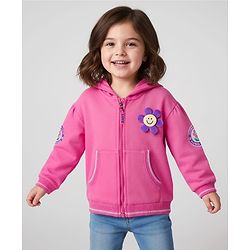 Babyhug Cotton Knit Full Sleeves Front Open Hooded Sweatshirt with Kangaroo Pocket & Back Floral Graphics - Pink