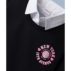 Babyhug Cotton Knit Full Sleeves Twofer Style Sweatshirt with Text Print - Black