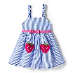 Babyhug Cotton Woven Frock & Half Sleeves Shrug With Strawberry Patch & Bow Applique - White & Dark Pink