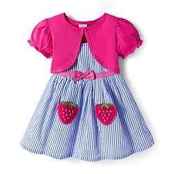 Babyhug Cotton Woven Frock & Half Sleeves Shrug With Strawberry Patch & Bow Applique - White & Dark Pink