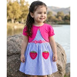 Babyhug Cotton Woven Frock & Half Sleeves Shrug With Strawberry Patch & Bow Applique - White & Dark Pink
