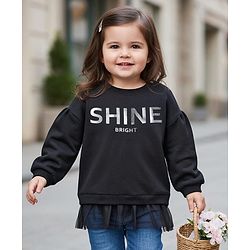 Babyhug Cotton Knit Full Sleeves Sweatshirt with Text Foil Print & Frill Detailing - Black