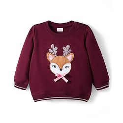 Babyhug Cotton Knit Full Sleeves Sweatshirt With Animal Embroidery & Sequin Detailing - Wine
