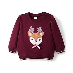 Babyhug Cotton Knit Full Sleeves Sweatshirt With Animal Embroidery & Sequin Detailing - Wine
