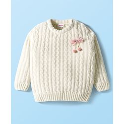 Babyhug Knitted Full Sleeves Soft Chenille Yarn Pullover Sweater With Bow Applique - White