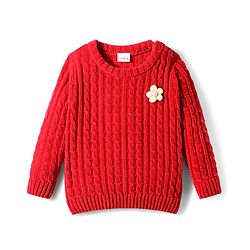 Babyhug Knit Full Sleeves Pullover Sweater With Floral Applique - Red