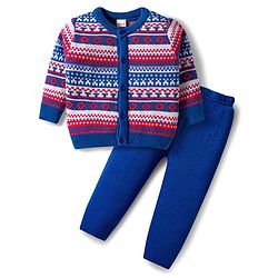 Babyhug Knitted Full Sleeves Front Open Sweater Set With Geometric Design - Blue