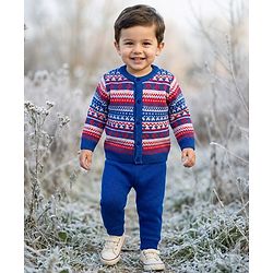 Babyhug Knitted Full Sleeves Front Open Sweater Set With Geometric Design - Blue
