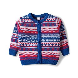 Babyhug Knitted Full Sleeves Front Open Sweater Set With Geometric Design - Blue