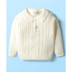Babyhug Knit Full Sleeves Solid Coloured Sweater Set With Cable Knit Design - White