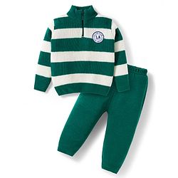 Babyhug Knit Full Sleeves High Neck Collar Sweater Set with Stripes & Patch Detailing - Green