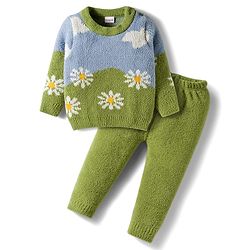 Babyhug Knit Full Sleeves Sweater Set With Floral Print - Green