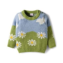 Babyhug Knit Full Sleeves Sweater Set With Floral Print - Green