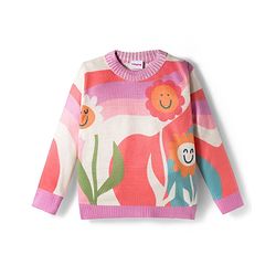 Babyhug Knitted Full Sleeves Pullover Sweater With Floral Design - Multicolor