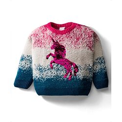 Babyhug Knit Full Sleeves Pullover Sweater with Reversible Unicorn Sequin Design - Multicolor