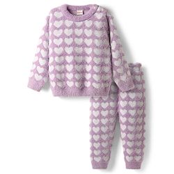 Babyhug Knit Full Sleeves Extra Soft Hairy Eyelash Yarn Pullover Sweater Set With Hearts Design - Mauve
