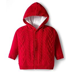 Babyhug Knit Full Sleeves Front Open Hooded Sweater with Cable Knit Design - Red